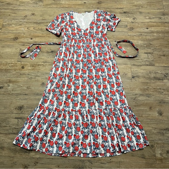 NWT J.Crew V-neck Maxi in Ivory Cerise Poppy Print Floral Cotton Tiered Dress - Picture 6 of 16